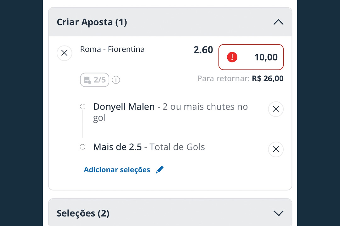 Interface da funcionalidade Criar Aposta numa plataforma de apostas esportivas com um bilhete múltiplo.