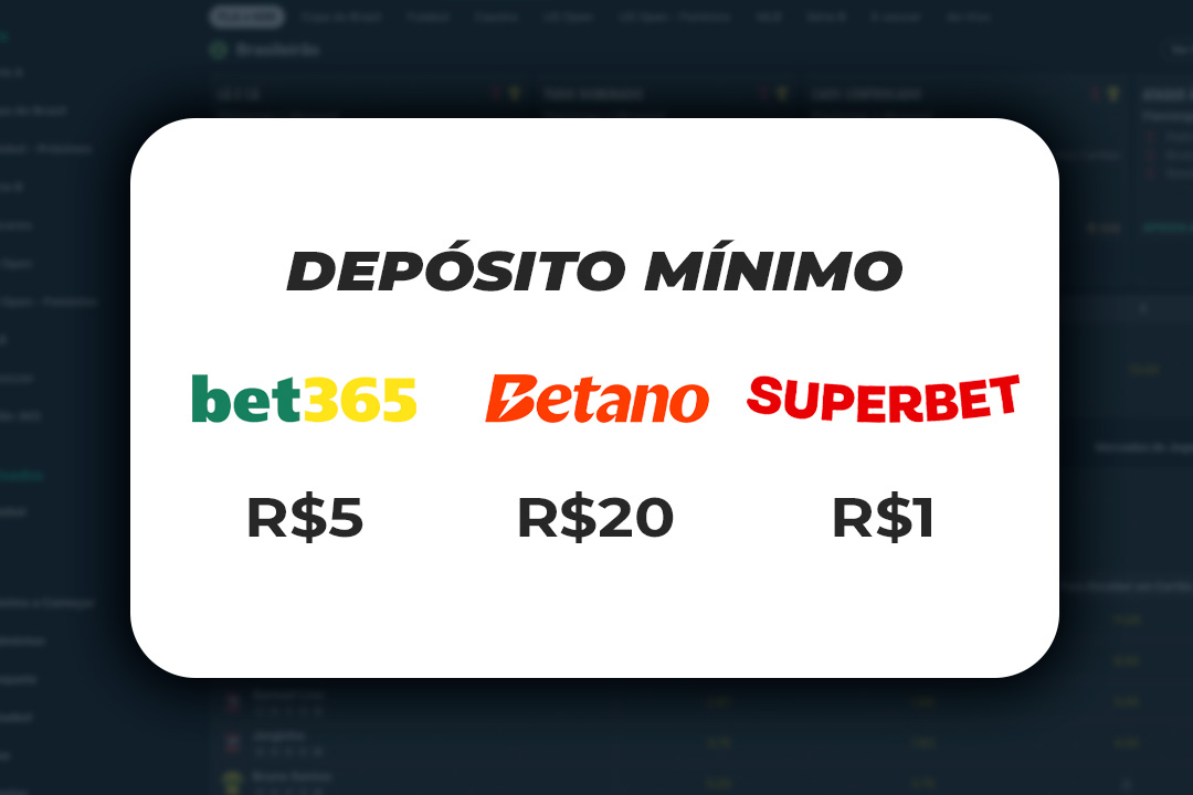Logotipos da bet365, Betano e Superbet alinhados com os seus valores de depósito mínimo de 5, 20 e 1 real.