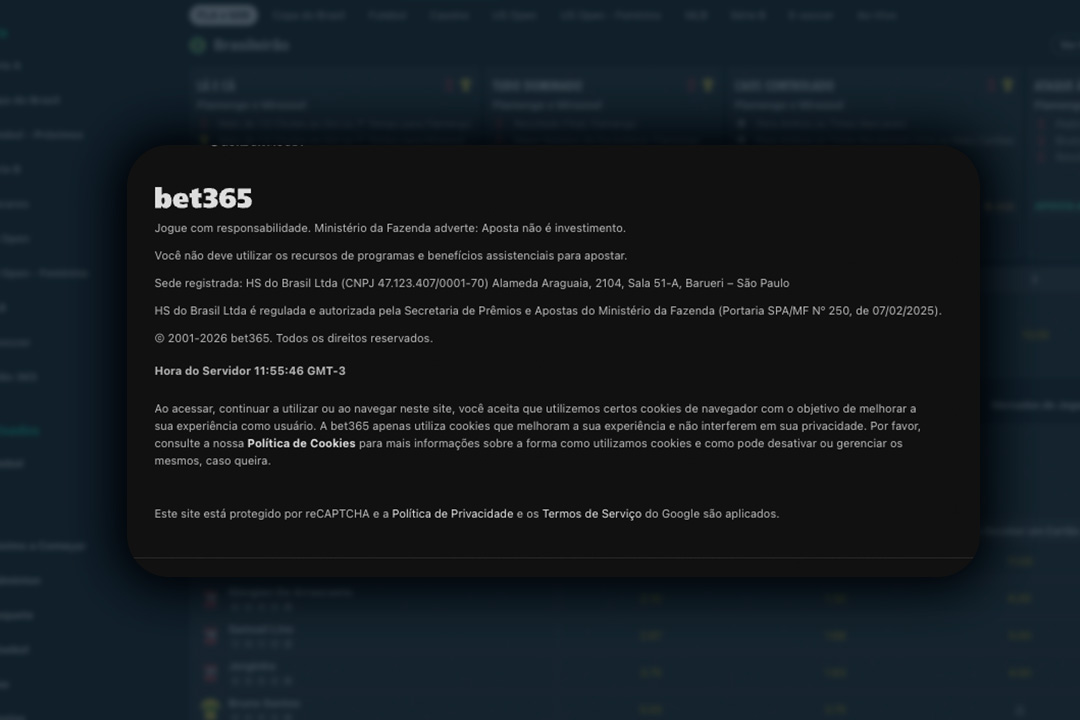 Licença oficial bet365 no footer do site.