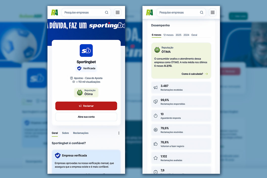 Screenshot da página da Sportingbet no Reclame Aqui mostrando a avaliação Bom e estatísticas de atendimento.