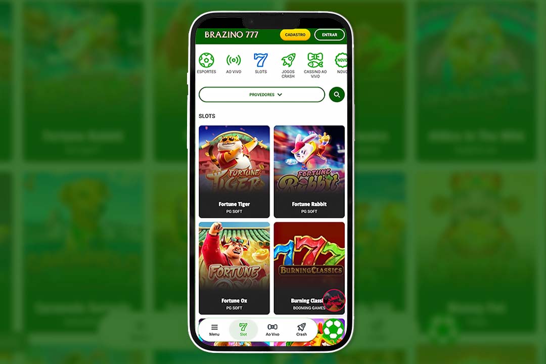 tela de celular com o site da Brazino777 na aba de slots