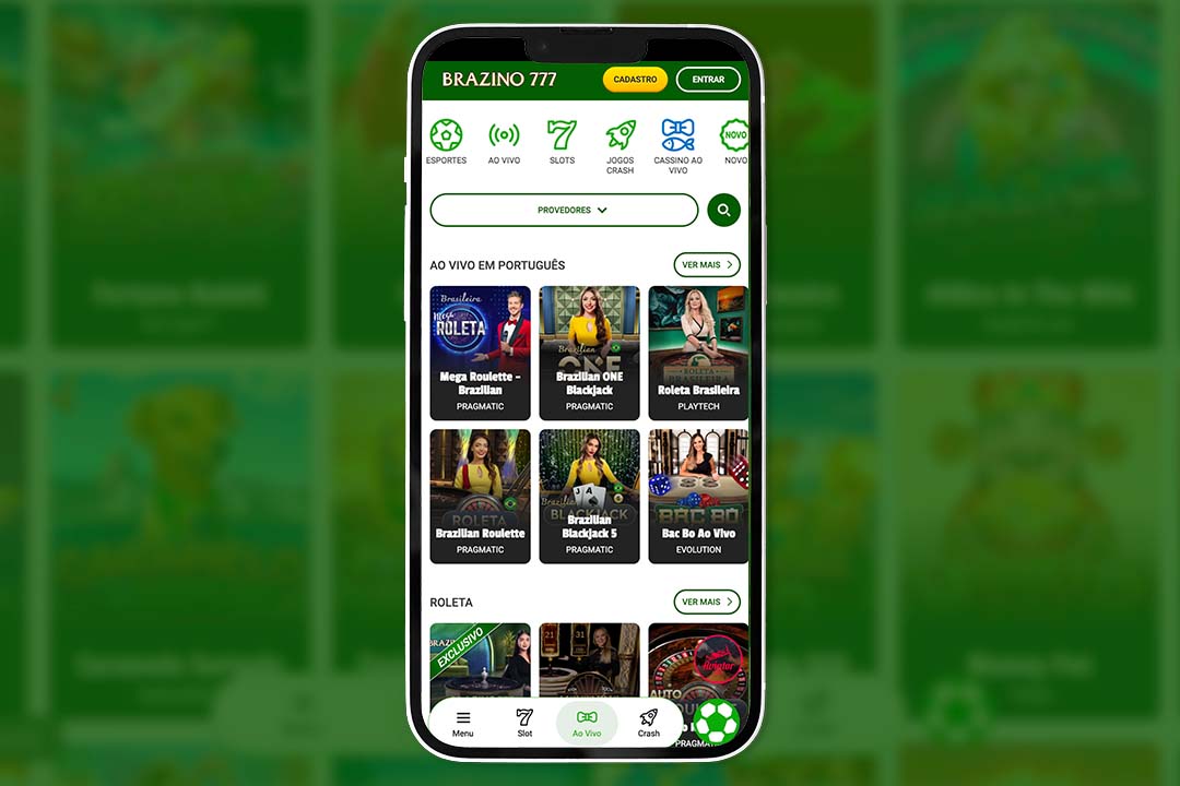 tela de celular com os jogos de cassino ao vivo