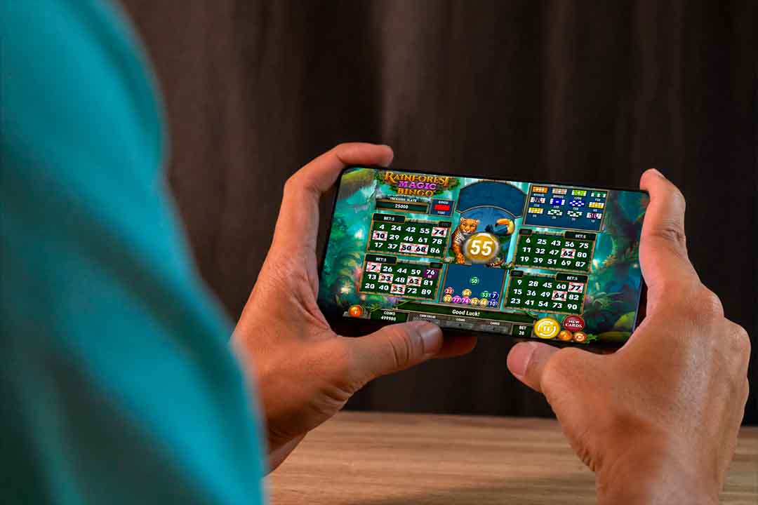 pessoa segurando um celular com o jogo rainforest magic bingo na tela